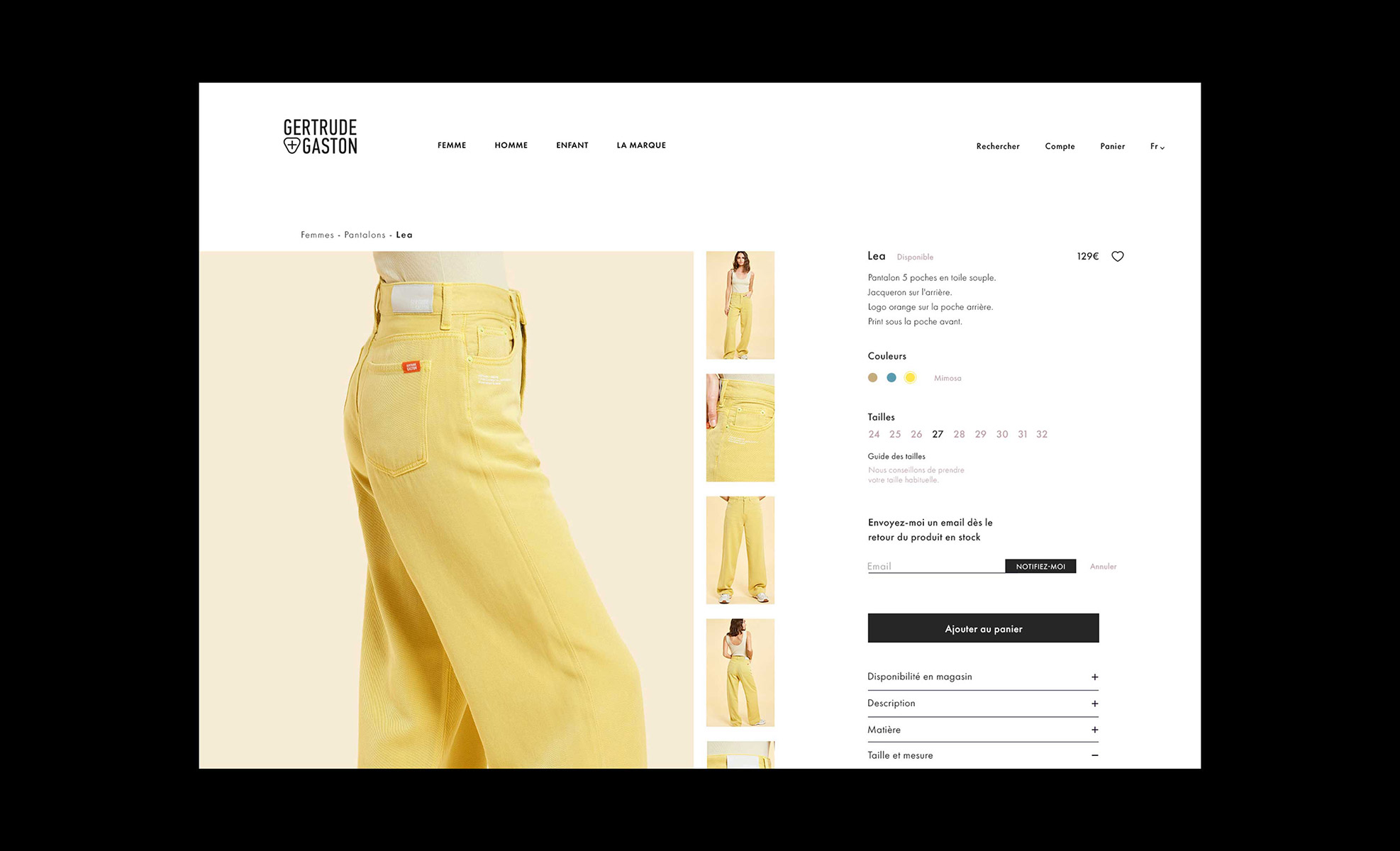 Fiche produit du pantalon jaune sur le site Gertrude.