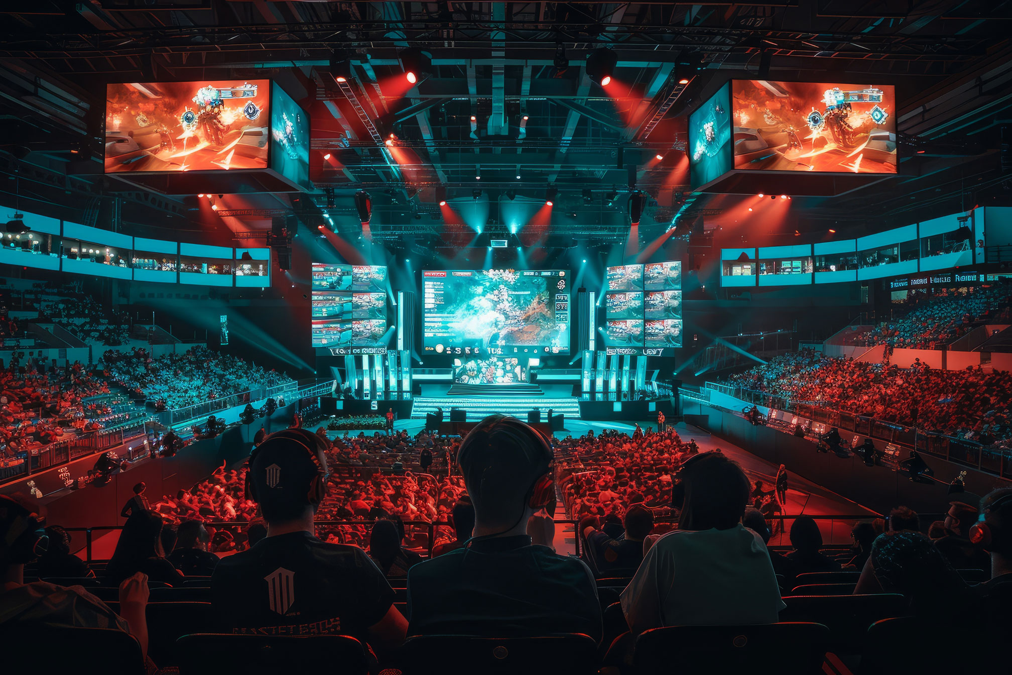 Compétition d'esport dans une arena vue des tribunes avec des spectateurs.