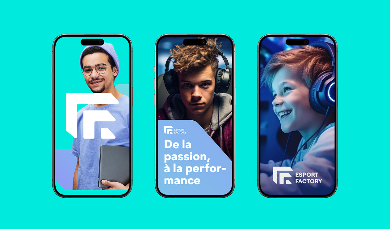 Exemples de stories Esport Factory sur trois téléphones avec fond vert bleu.