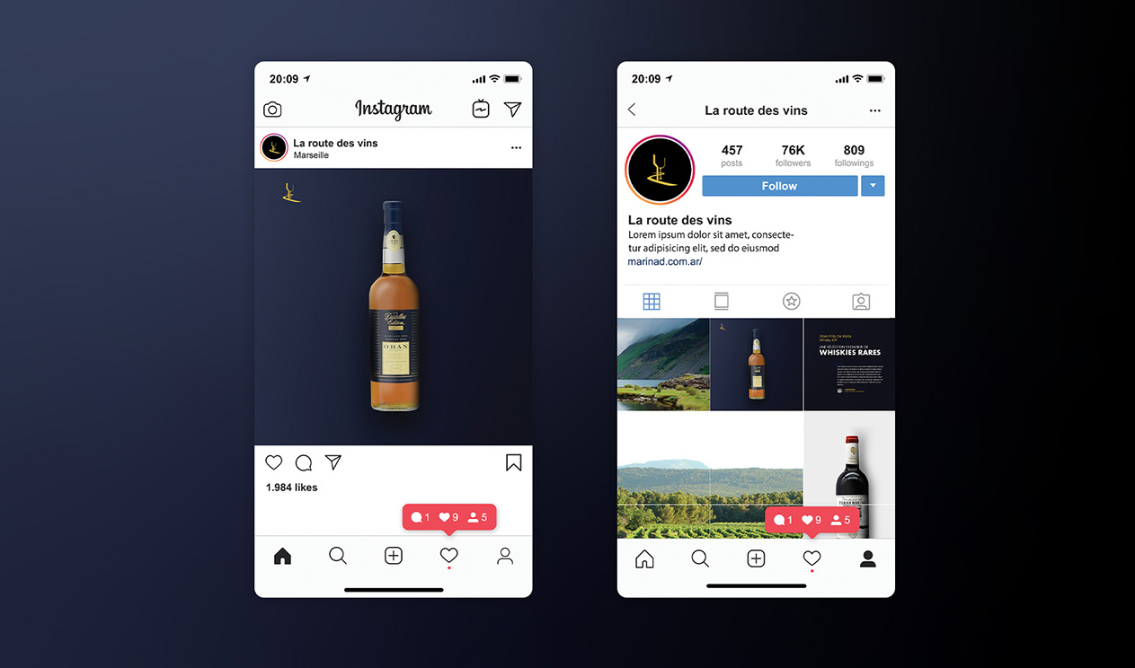 Mockup de page Instagram montrant des propositions de design pour des posts.